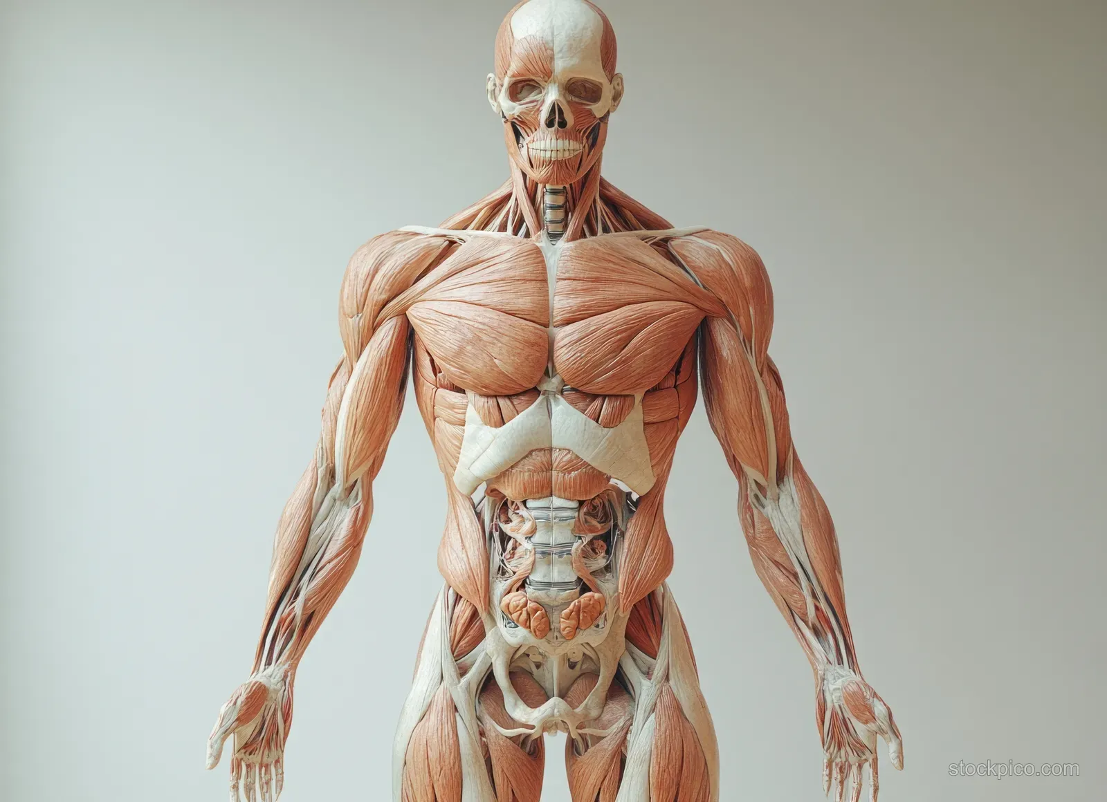 Front view anatomical human figure with visible muscles, skeleton, and highlighted blood vessels in the chest and abdomen.