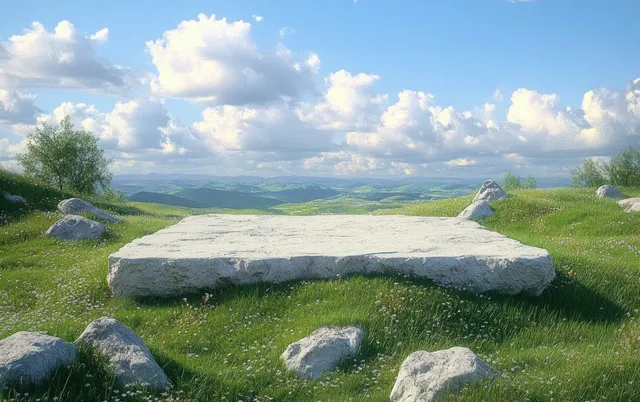 A green meadow with scattered rocks and a large flat stone slab beneath a blue sky with fluffy clouds.
