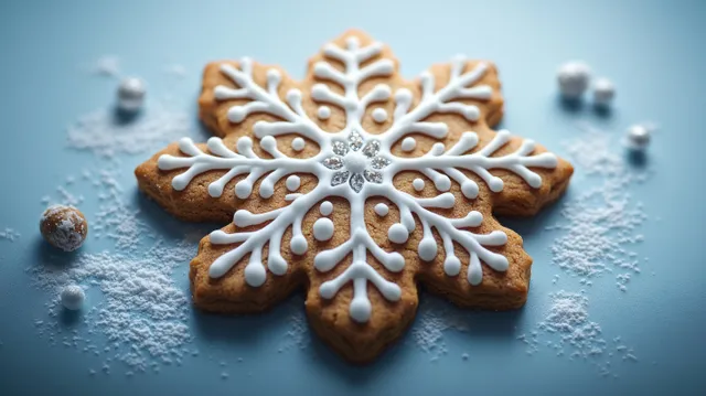 Gingerbread snowflake cookie with white icing on a frosty blue background surrounded by small sugar crystals.