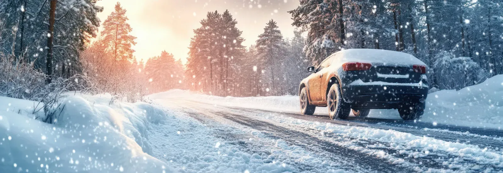 A car moves along a snowy road with pine trees, visible tire detail, and falling snow in bright winter light.