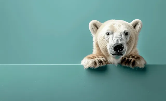 Polar bear cub peeking over a teal ledge against a smooth pastel background with copy space.