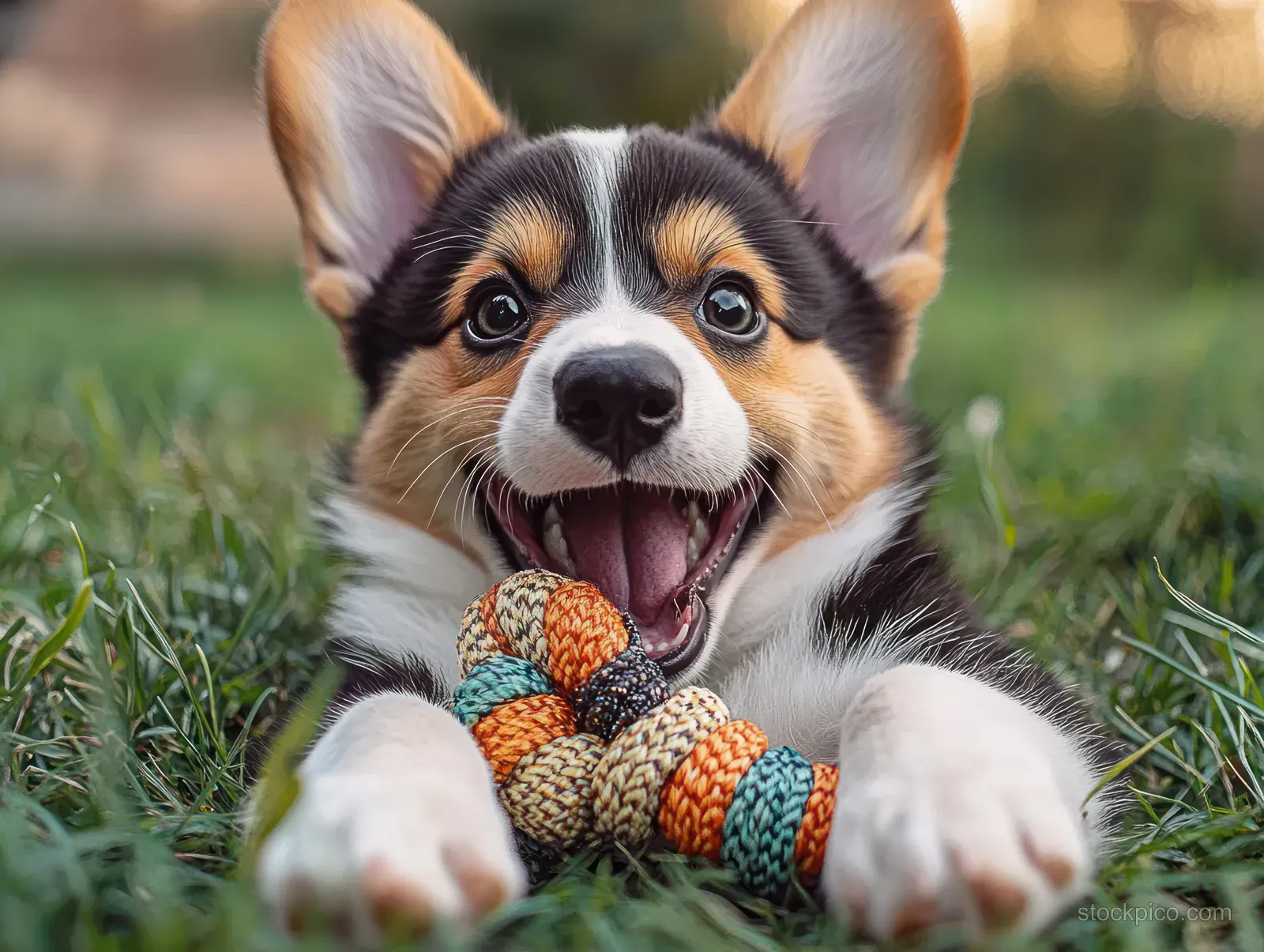A tricolor corgi puppy lies on grass outdoors, holding a colorful braided rope toy with an excited open mouth.