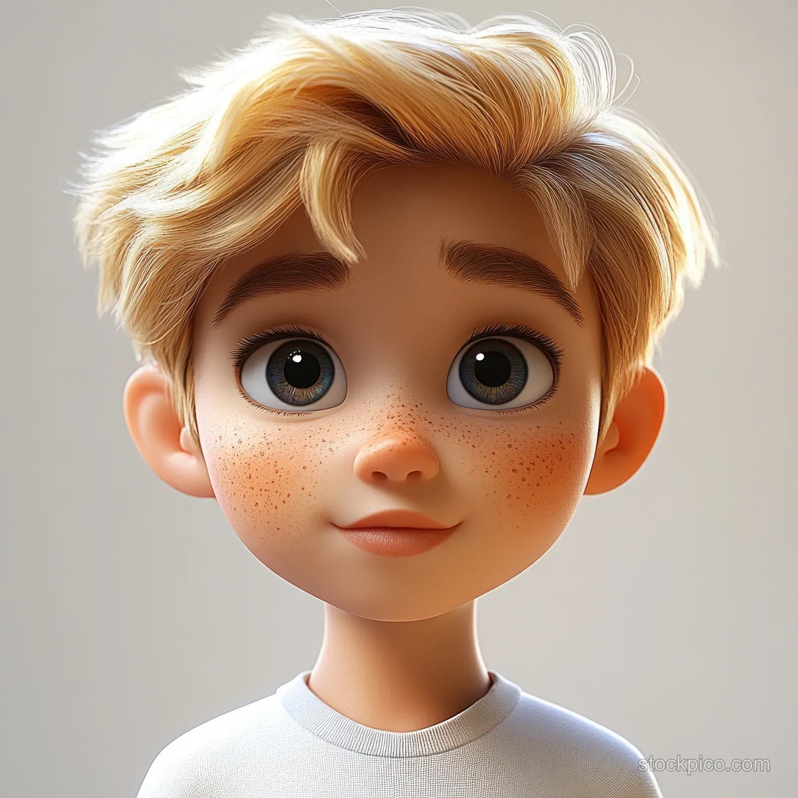 Smiling young boy with freckles and tousled blond hair in a white shirt against a soft gray background.