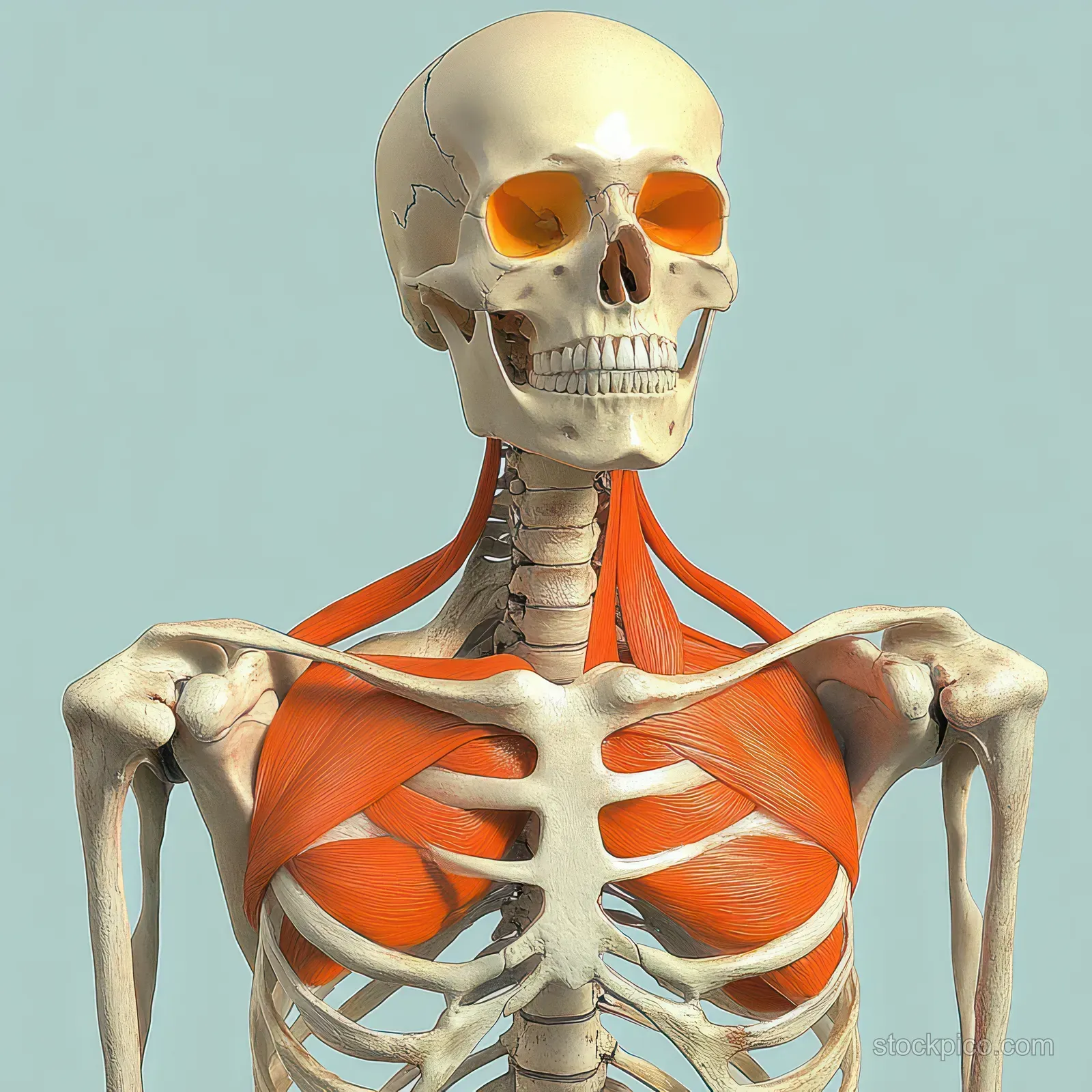 3D skeleton torso with pectoralis minor highlighted orange and ribcage visible against a light teal background.