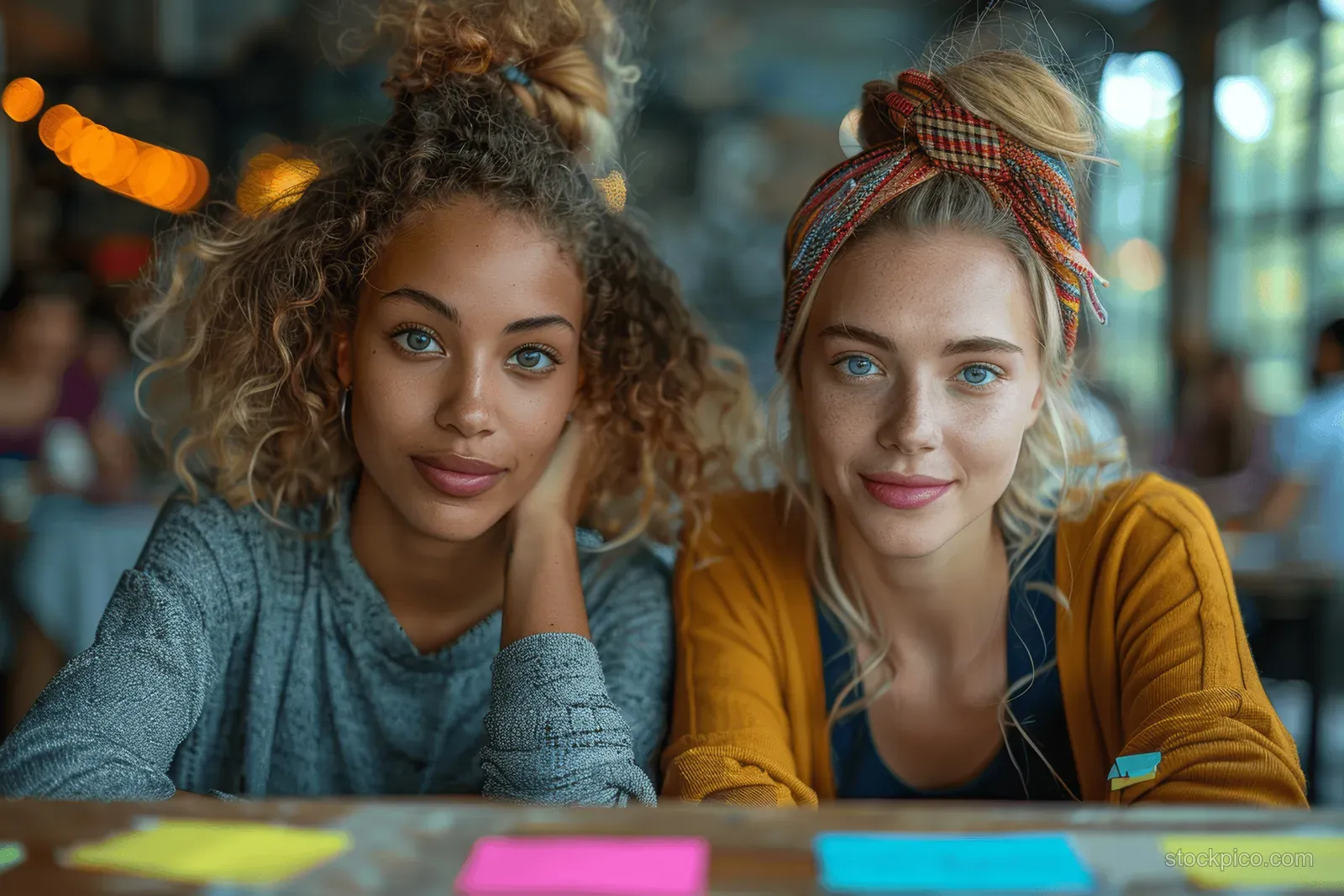 Two young women sit at a desk brainstorming with sticky notes and colorful stationery in a creative office.