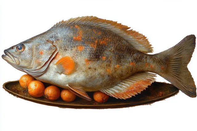 Spotted fish lying on a wooden plate beside small orange fruits against a white background.