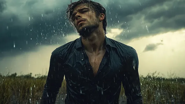 A young man stands in heavy rain in a field, eyes closed with his head tilted back beneath storm clouds.