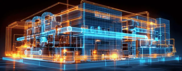 Neon-lit blueprint cross-section displays an industrial piping network and heat pump inside a building frame.