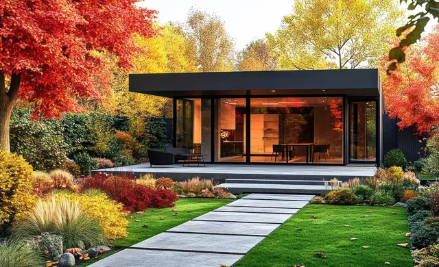 Modern glass house with black framing, stone steps, and autumn garden under warm sunlight