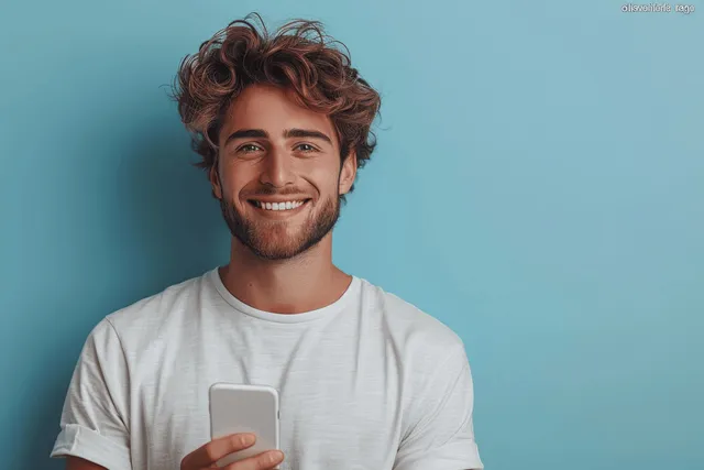 Smiling man holds a smartphone and gives a thumbs-up against a blue background.