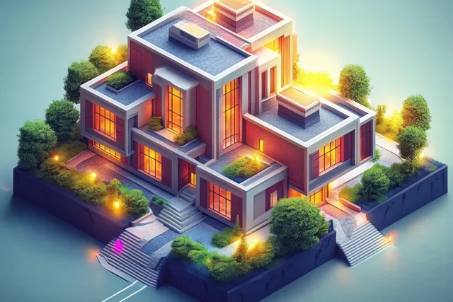 Isometric school building with lit windows, steps, trees, and pathways at dusk with Dusk Night Scene