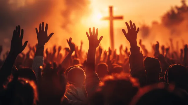 Worshippers raising hands in prayer at sunset with a glowing cross silhouette