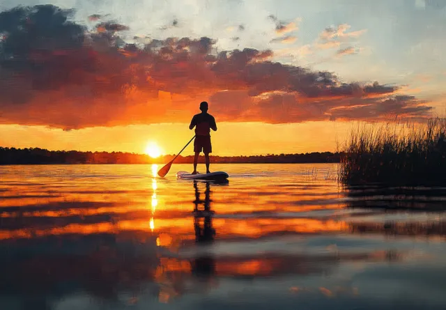 A silhouetted paddleboarder stands and paddles across a calm lake as the sunset reflects on the water.