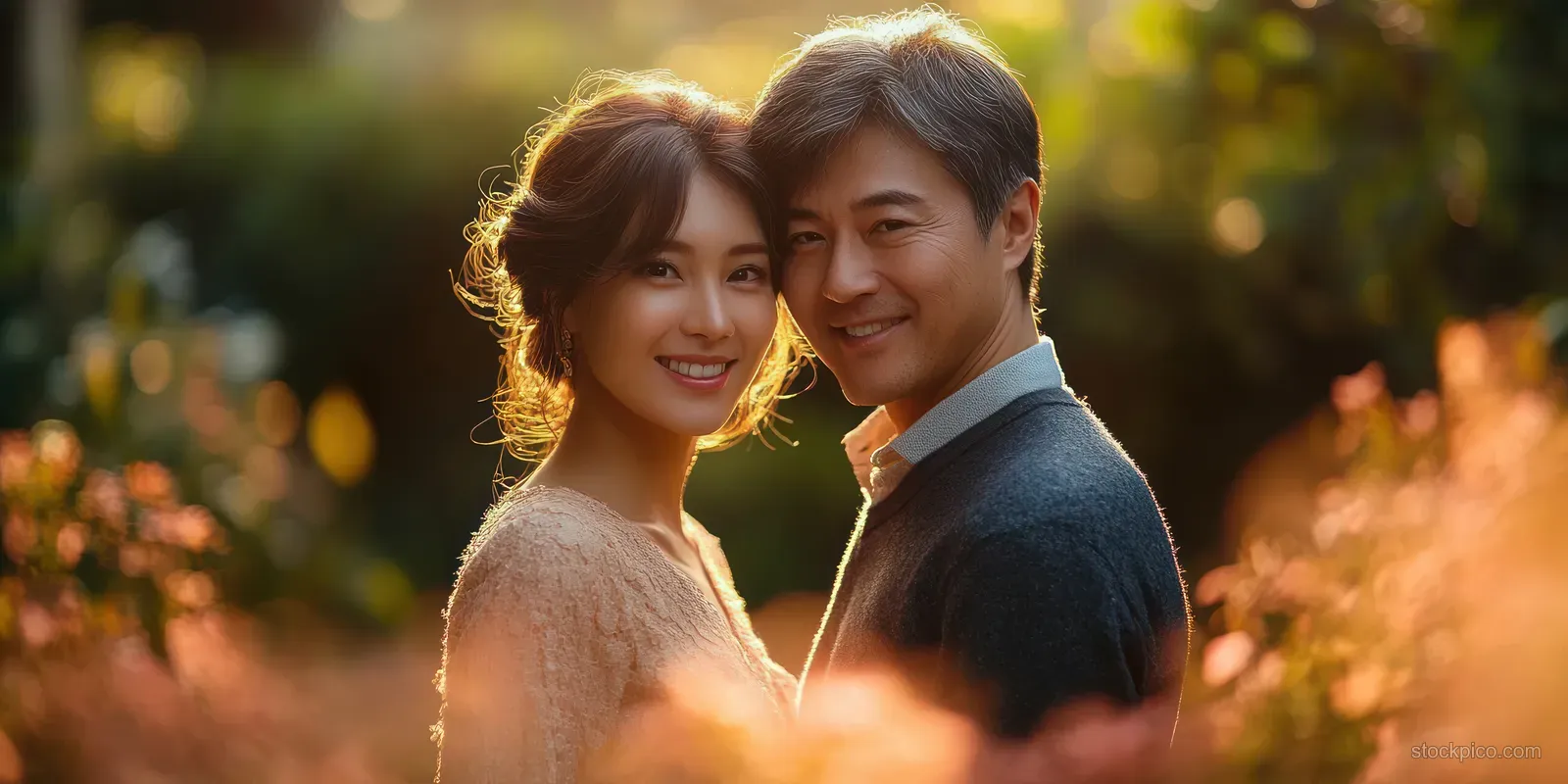 An older couple embraces and smiles in a lush garden during golden hour sunlight.