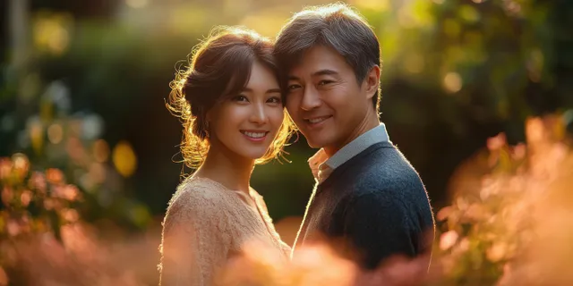 An older couple embraces and smiles in a lush garden during golden hour sunlight.