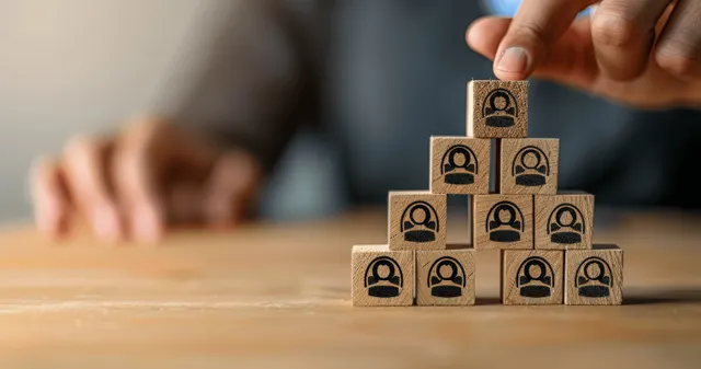 Hand stacks wooden blocks with lock icons, building a talent workforce planning concept