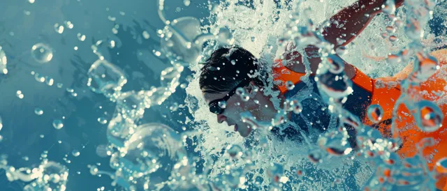 A male swimmer in backstroke with motion-capture overlay as water splashes and bubbles fill the frame.