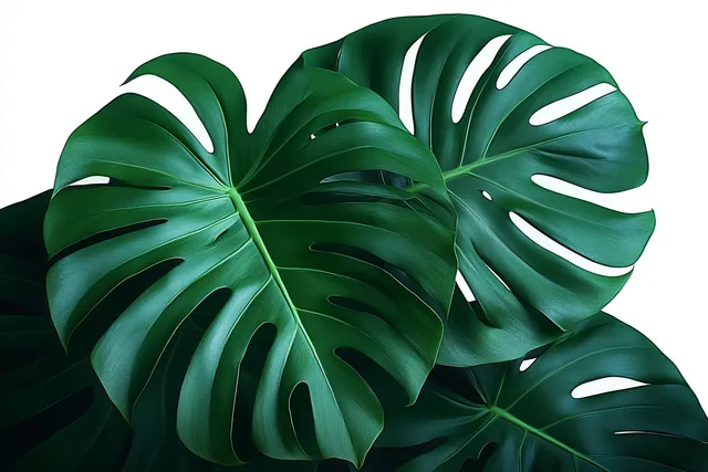Close-up three green monstera leaves with deep splits on white studio background