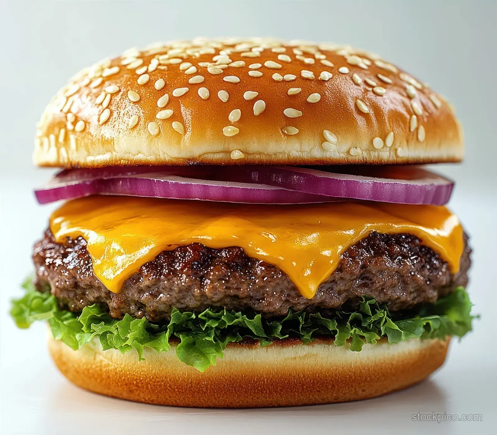 Close-up cheeseburger with sesame bun, melted cheddar, lettuce, and red onion slices on a white background.