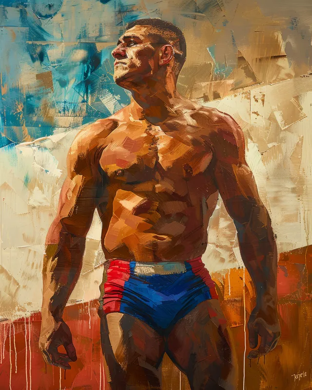 Victorious Greco-Roman wrestler raising clenched fist under dramatic studio spotlight
