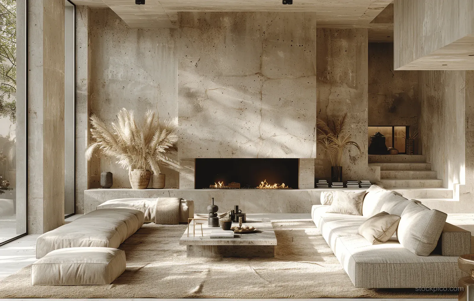Minimalist beige living room showing a glowing fireplace, concrete walls, curved sofas, and a glass coffee table.