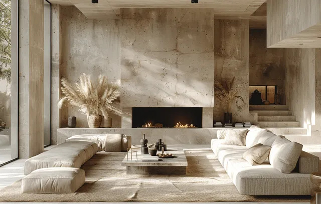 Minimalist beige living room showing a glowing fireplace, concrete walls, curved sofas, and a glass coffee table.