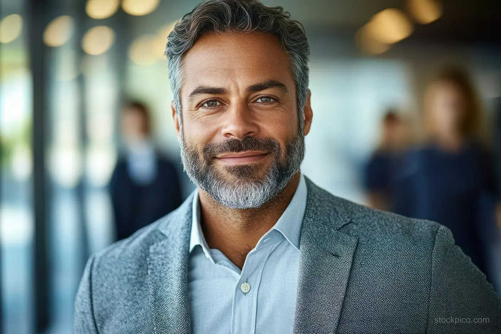Smiling corporate executive portrait in an office with softly blurred coworkers and warm light bokeh behind.