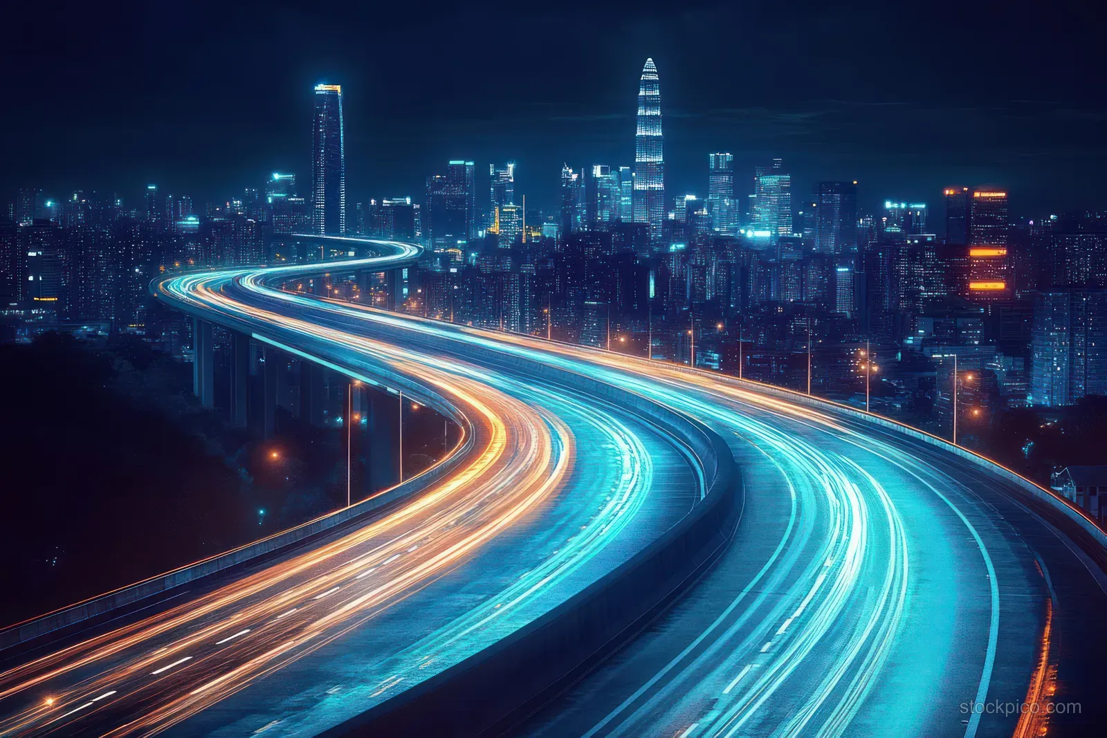 Neon curved highway at night with motion-blurred light trails winding past tall futuristic buildings.