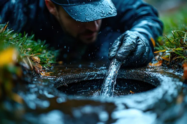 A gloved worker directs a hose to drain flowing sewage from a grassy manhole area.