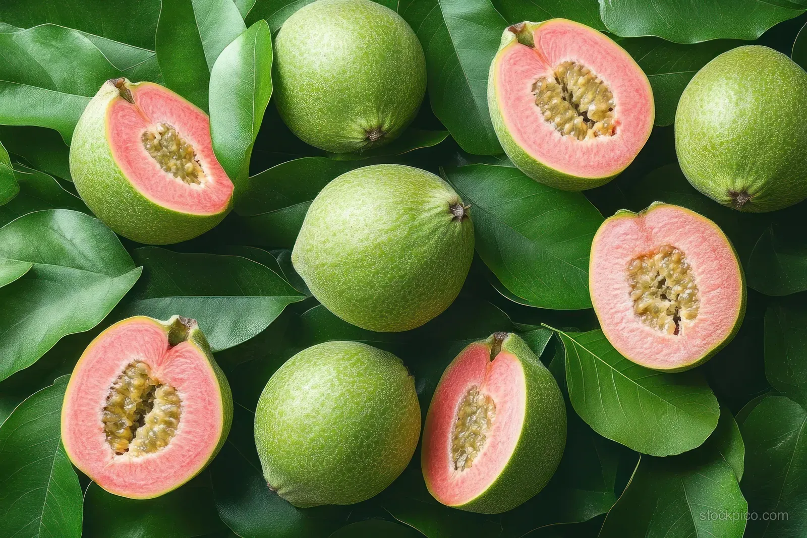 Whole and halved green guava fruits with pink flesh and seeds on green leaves.