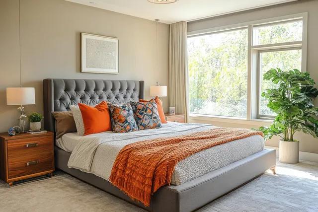Cozy modern bedroom with gray tufted headboard, vibrant pillows, and sunlit window plants