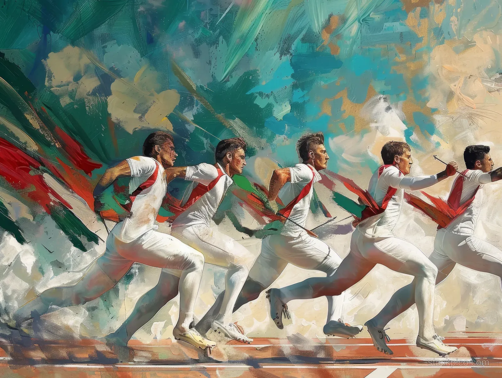 Five Italian pentathlon athletes sprint forward amid surreal fencing lines and swirling water splashes.