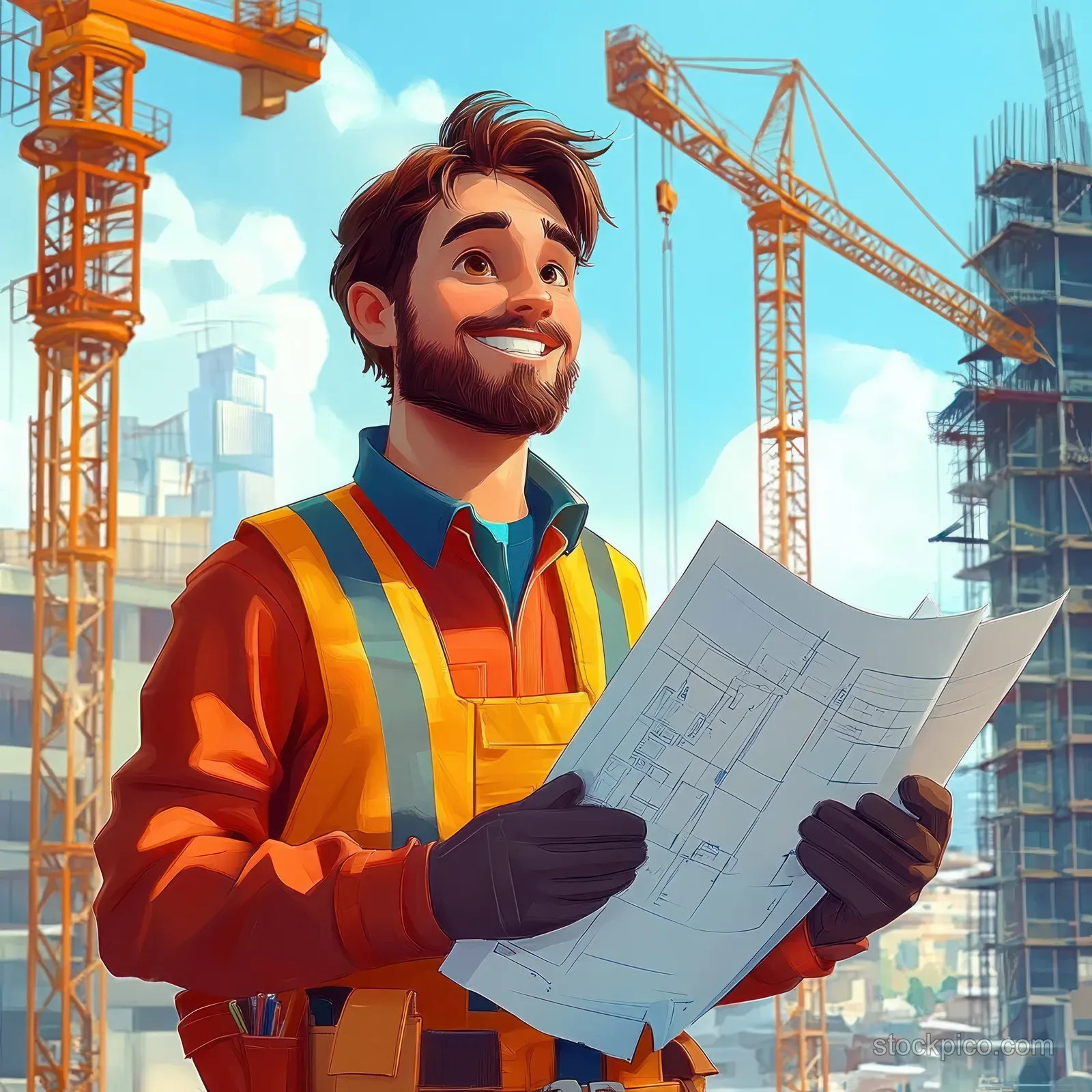 Smiling construction worker in safety vest holds blueprints with cranes and scaffolding behind him on a sunny site.