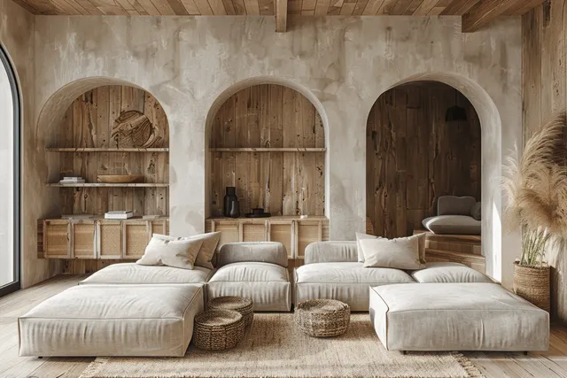 Minimalist living room interior with wooden arched niches, beige seating, woven baskets, and soft daylight.