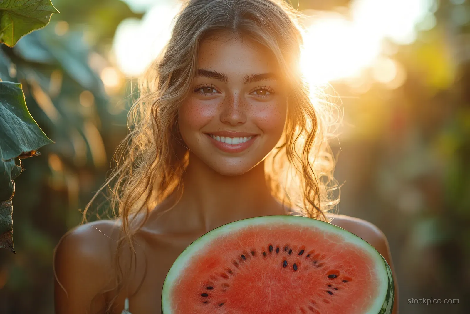 A smiling woman in summer light holds a watermelon slice at a city park picnic with greenery around.