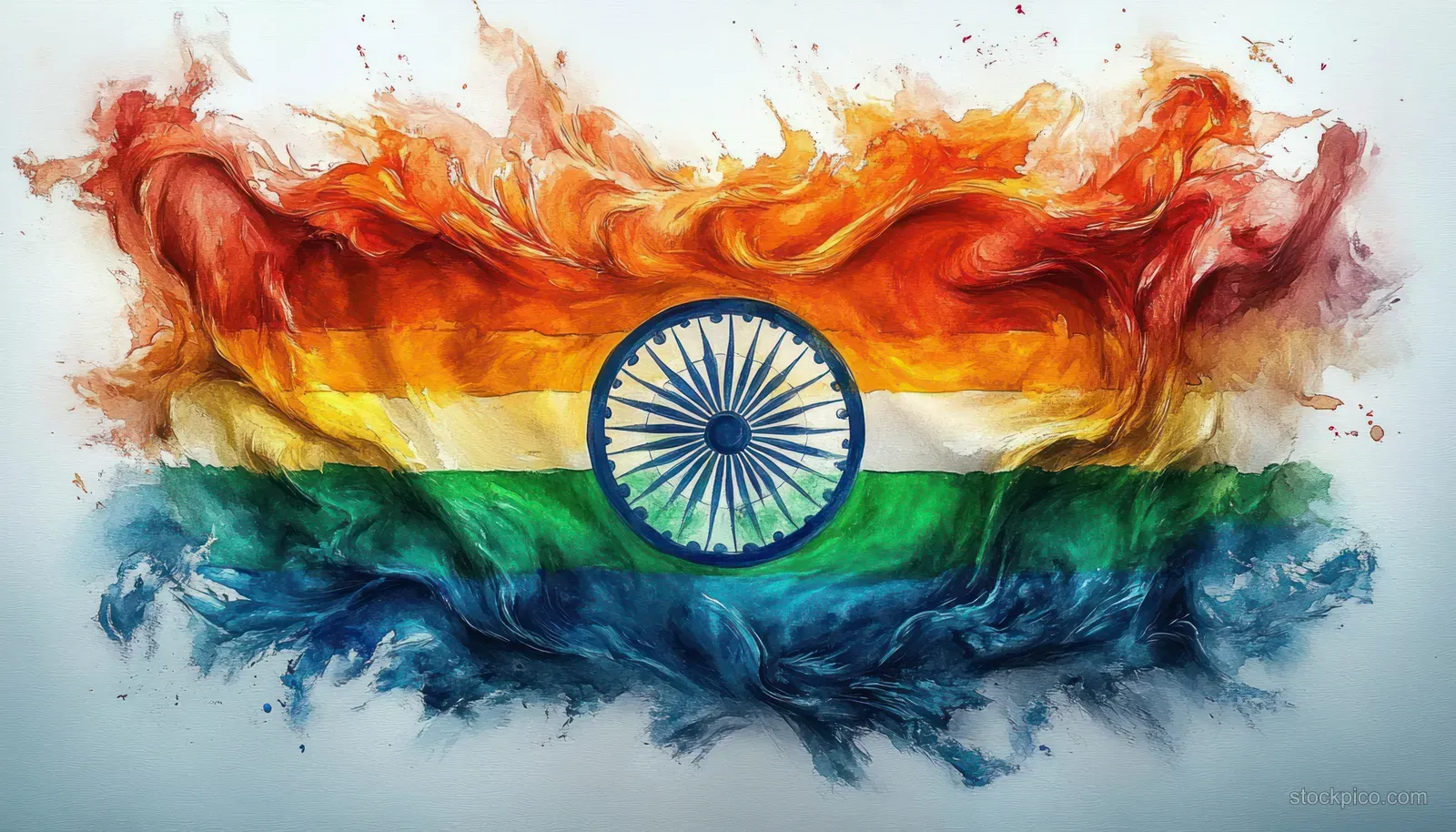 Watercolor Indian tricolor flag with Ashoka Chakra centered and swirling red, white, and green paint clouds.