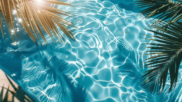 Clear turquoise pool water reflects sunlight and features abstract palm leaf shadows amidst gentle ripples in a summer setting.