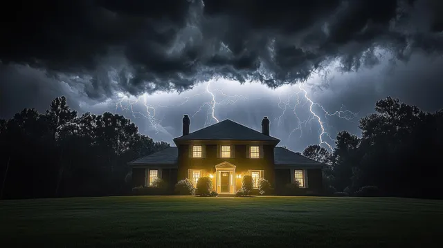Warmly lit house on a dark lawn at night with lightning flashing behind storm clouds.
