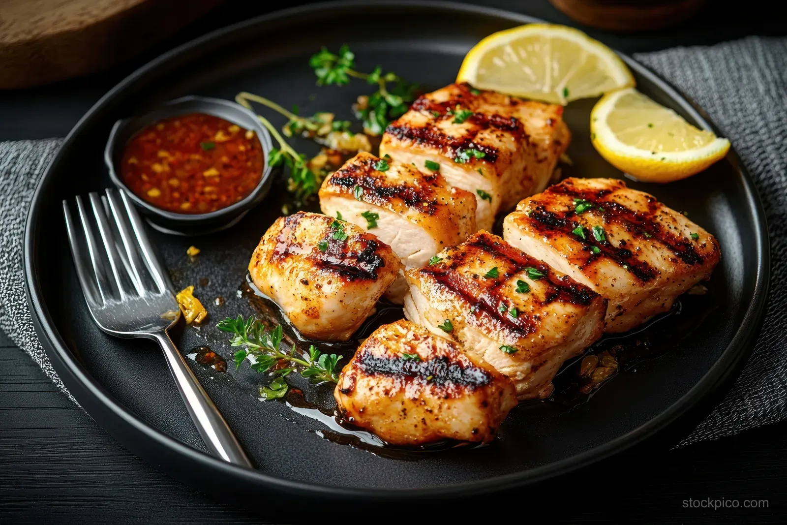 Grilled seasoned chicken breasts on a black plate with lemon wedges, herbs, and a cup of spicy dipping sauce.