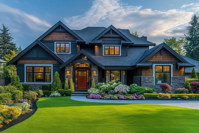 A dark blue modern house with lit windows sits behind a trimmed green lawn and colorful flower beds at twilight.