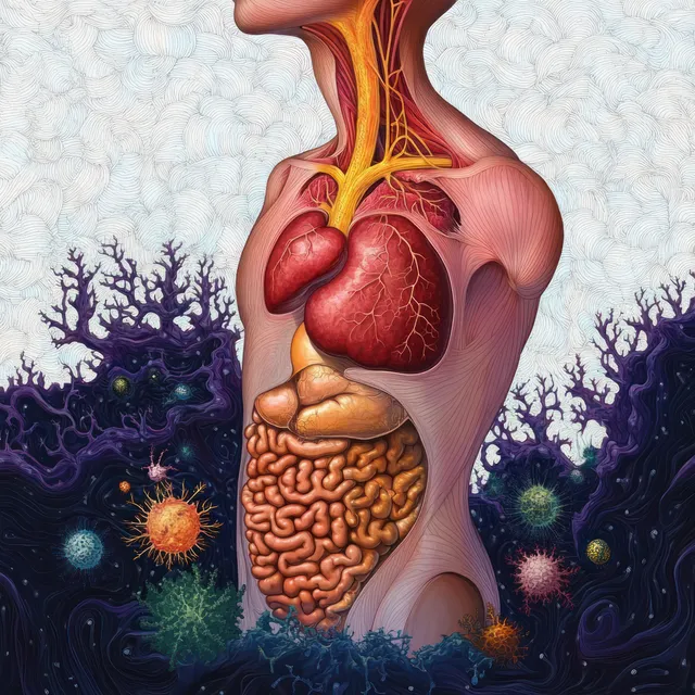 Surreal torso cross-section with highlighted liver, pancreas, and digestive organs in vivid colors
