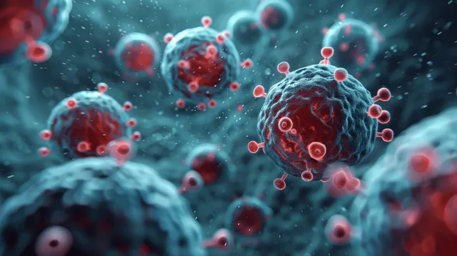 Red virus particles cluster around bluish cells in a teal microscopic lab background.