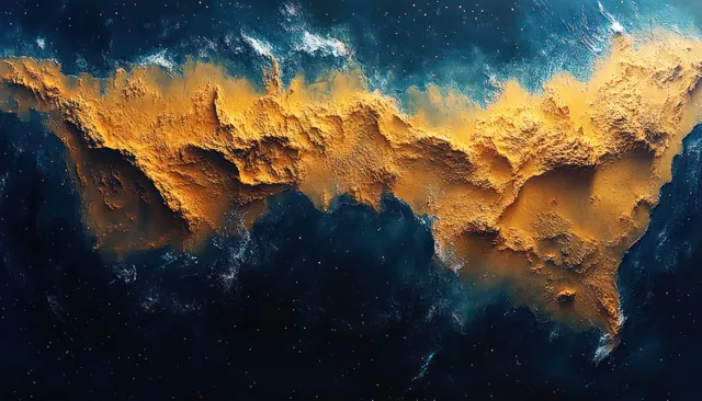 Satellite view of Africa from space with glowing coastline clouds and orbital daylight