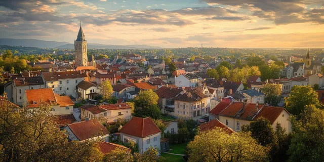Sunset panorama over historic European town with medieval tower, red rooftops, and golden sky light