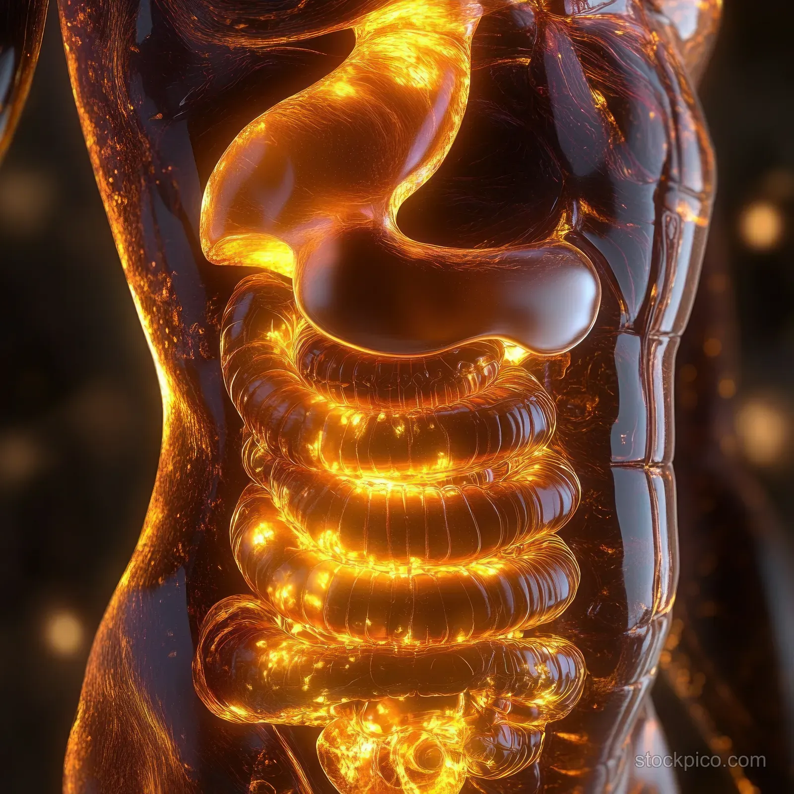 Glowing esophagus and stomach anatomy inside a torso, with warm light indicating esophagitis inflammation.