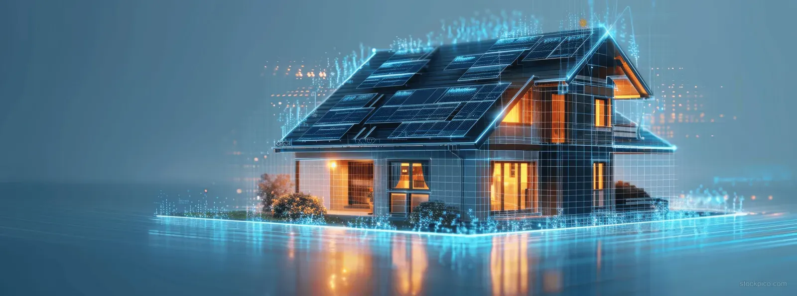 A house with solar panels on the roof and a glowing digital energy interface.
