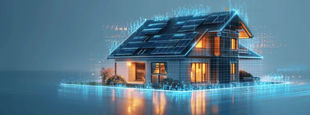 Futuristic smart home with solar rooftop panels and glowing energy interface with Green Technology