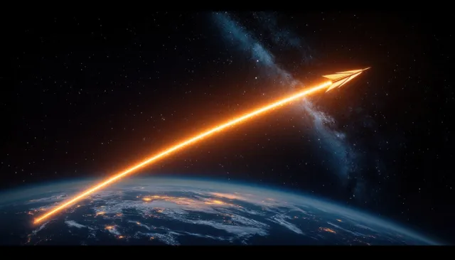 An orange glowing paper airplane flies from Earth into deep space, leaving a bright trail behind against the Milky Way.