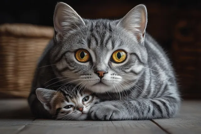 Gray tabby mother cat lying on a wooden floor with a kitten tucked under her paw in a quiet indoor scene.