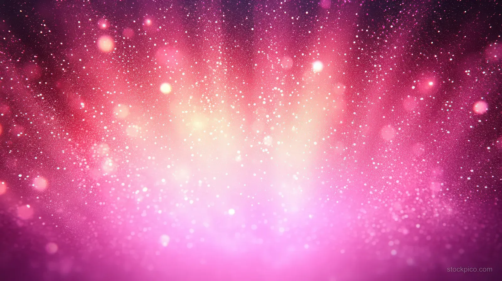 Pink and purple glowing particles and bokeh-like light bursts form a dreamy abstract lightscape.